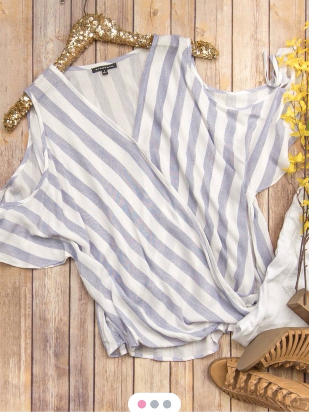 Staccato Light Blue and White Striped Cold-Shoulder Wrap Top